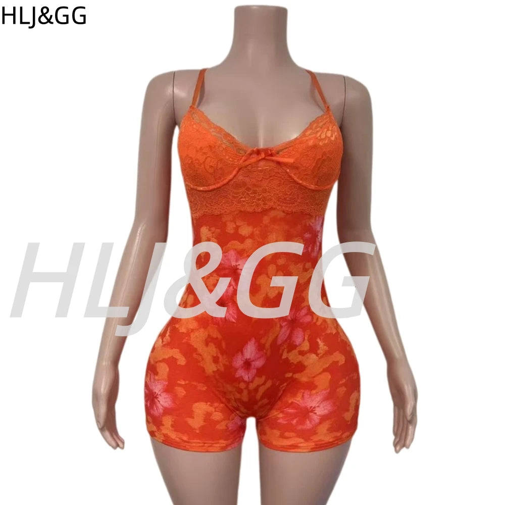 HLJ&GG Vintage Flowers Print Mesh Spaghetti Strap Bodycon One Piece Rompers Women V Neck Sleeveless Jumpsuits Fashion Overalls