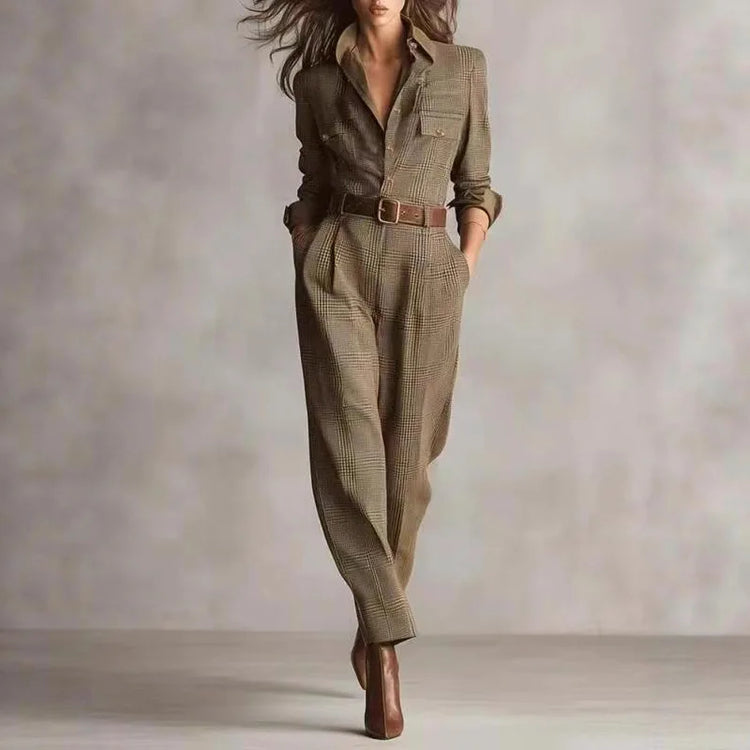 Retro Grid Button Lapel Shirt Jumpsuits Woman Fashion High Waist Slim Bodysuits Romper Spring Autumn Long Sleeve Pocket Overalls