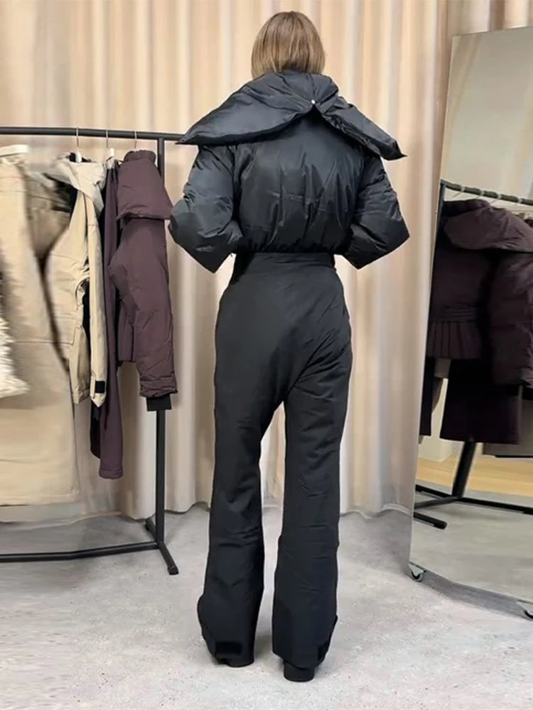 Detachable Hooded Ski Suit Jumpsuit Woman Zipper Color Blocked Long Sleeve Slim Warm Jumpsuits Sports Casual Women's Ski Suits