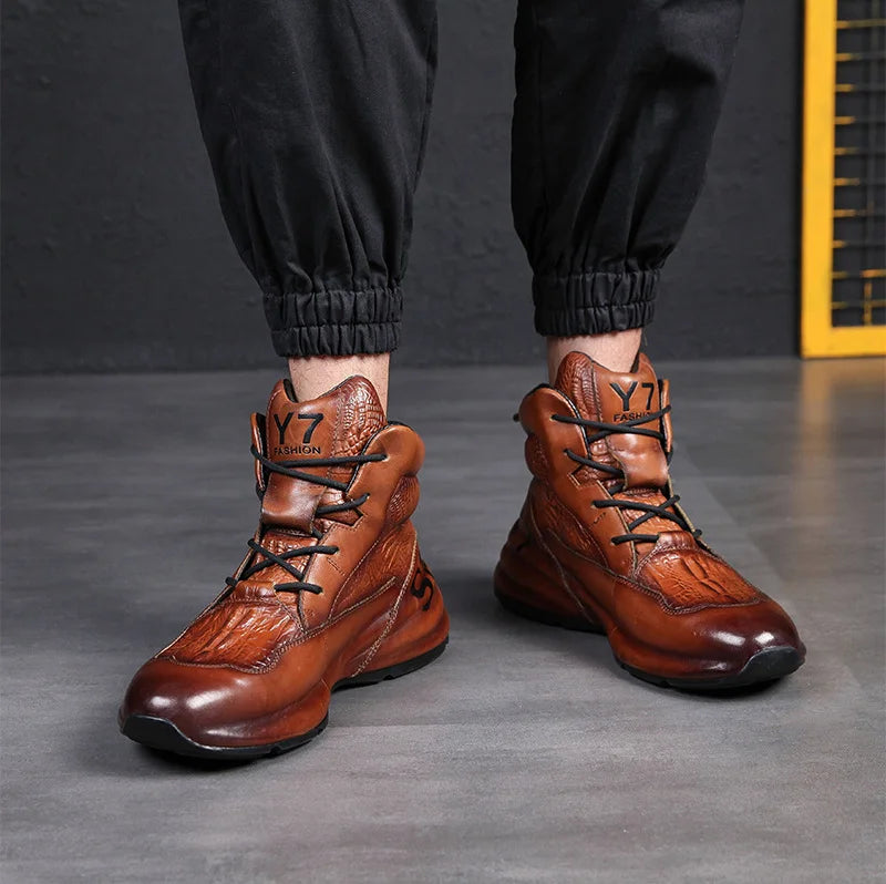 Genuine Leather Winter Boots For Men Crocodile Leather Casual Fleece Warm Shoes Motorcycle Punk Botas Male Loafer Hombre KK419