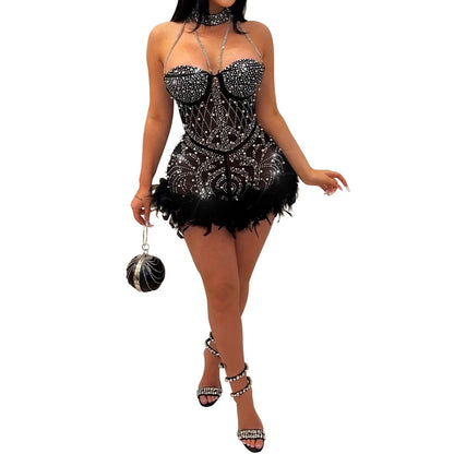 Sexy Bodysuit Women Jumpsuits Rompers Woman Clothes Diamonds 1 Piece Set Playsuit Mesh See Though Feather Female Clothing HXY262
