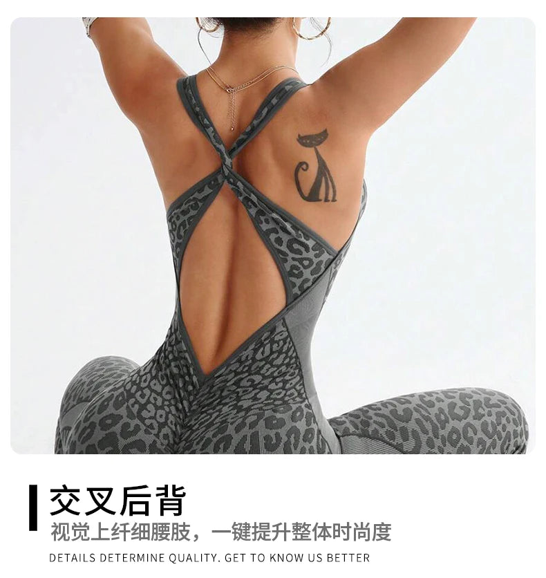 ZHEJIN Leopard Jumpsuit Women Flare Leg Yoga Romper Backless Criss Cross Workout Bodysuit Scrunch Butt Lift Gym Fitness Wear