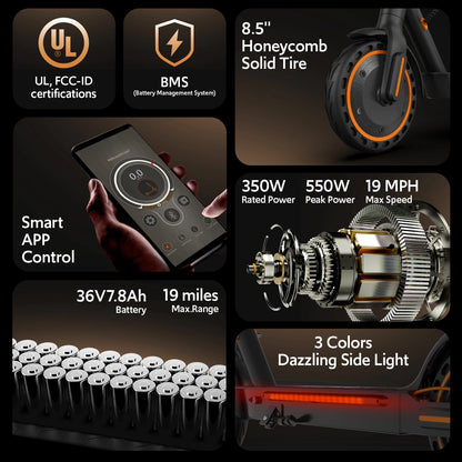 Electric Scooters for Adults, 8.5' Tire, Max 19 Miles and 19 Mph, 550W Foldable E Scooter with Side Light & APP