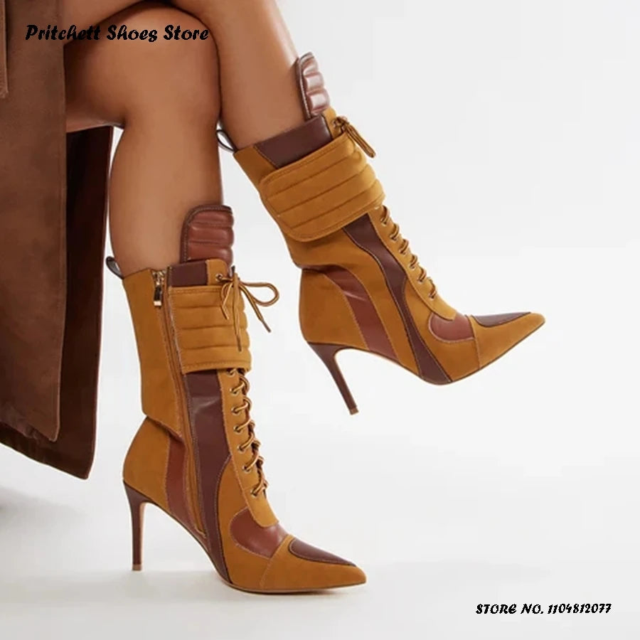 Women's Sports Style Stiletto Booties Patchwork Cross-tied Trending Ankle Boots Pointed Toe Thin Heels Side Zip Plus Size Shoes
