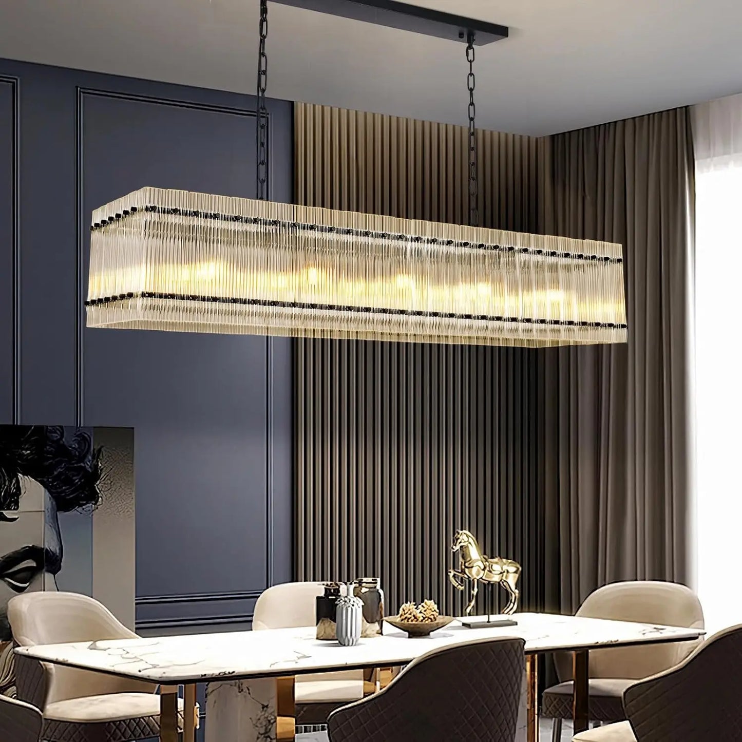Modern Rectangular Crystal Glass Chandelier, 10-Lights Black Chandelier Lighting Contemporary Pendant Ceiling Light Fixture