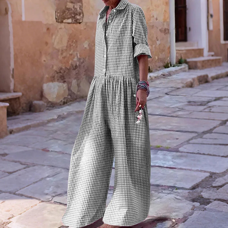 Plus Size 5XL VONDA Vintage Jumpsuits Women Elegant Plaid Long Overalls Fashion 3/4 Sleeve Casual Playsuits Streetwear Pants