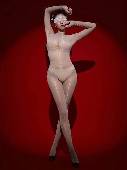 Sexy Cosplay Maid Tights Oil Glossy Elastic Bodysuit Sheer See Through Rompers One-Piece Thong Jumpsuits Leotard Candy Color