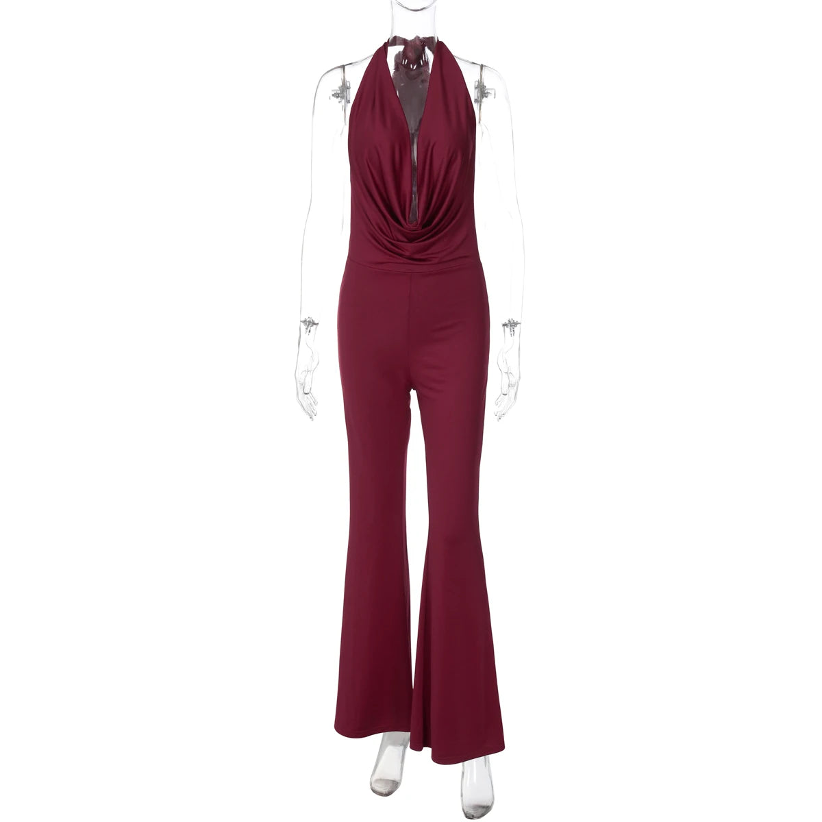Dulzura Summer Solid Sexy Halter Swinging Collar Backless Slim Lace Up Flared Jumpsuit Women'S Fashion Elegant Party Club Romper