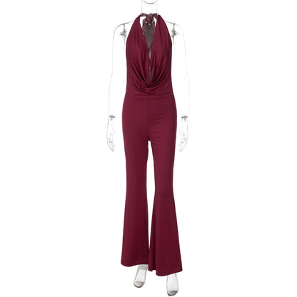 Dulzura Summer Solid Sexy Halter Swinging Collar Backless Slim Lace Up Flared Jumpsuit Women'S Fashion Elegant Party Club Romper