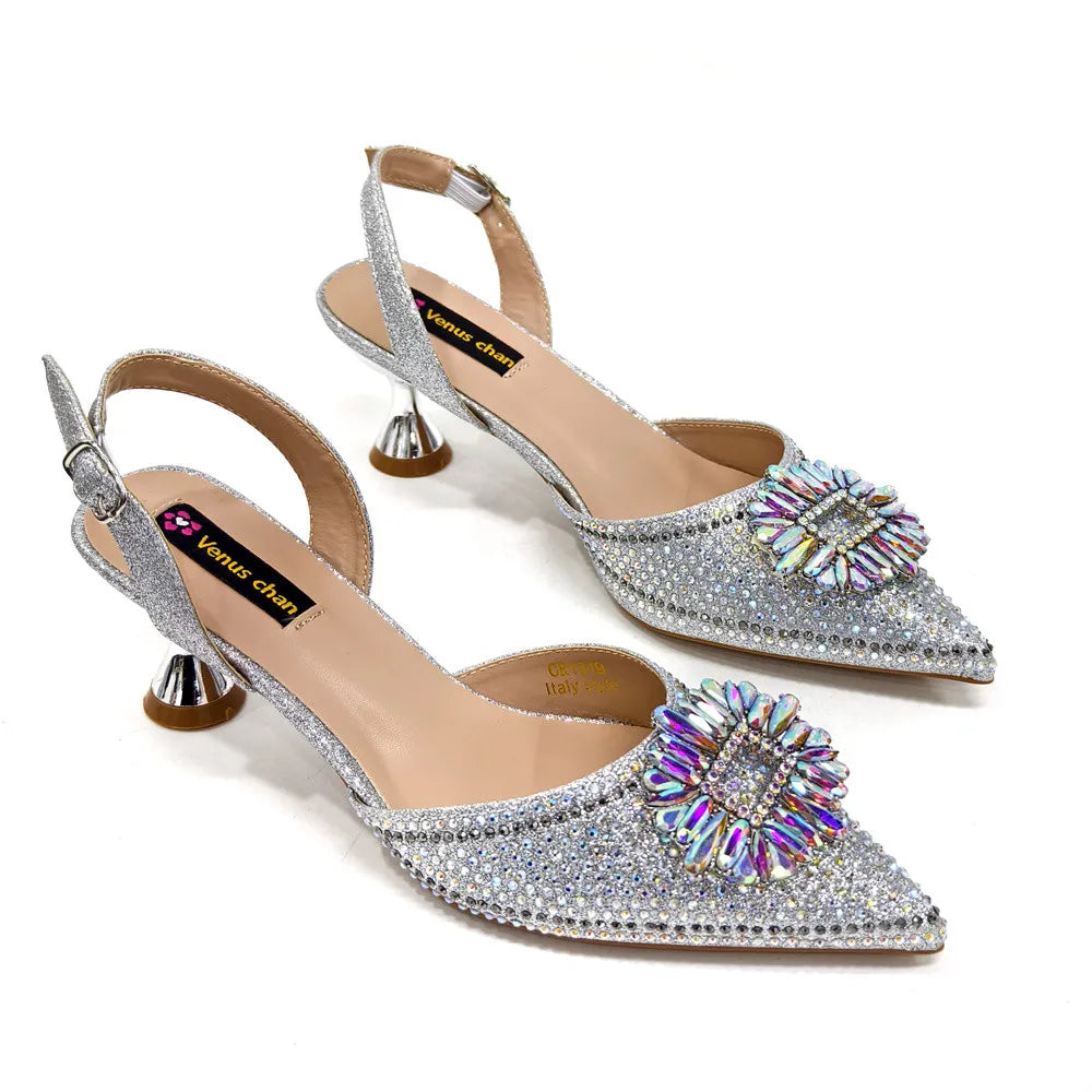 Latest Elegant Wedding Italian Diamond Design Shoes Women's African Party Shoes Crystal Shoes High School High Heels