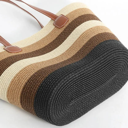 Fashion Straw Tote Bag Stripe Large Capacity Woven Shoulder Bag Square Zipper Woven Hat Vacation Top-Handle Bags
