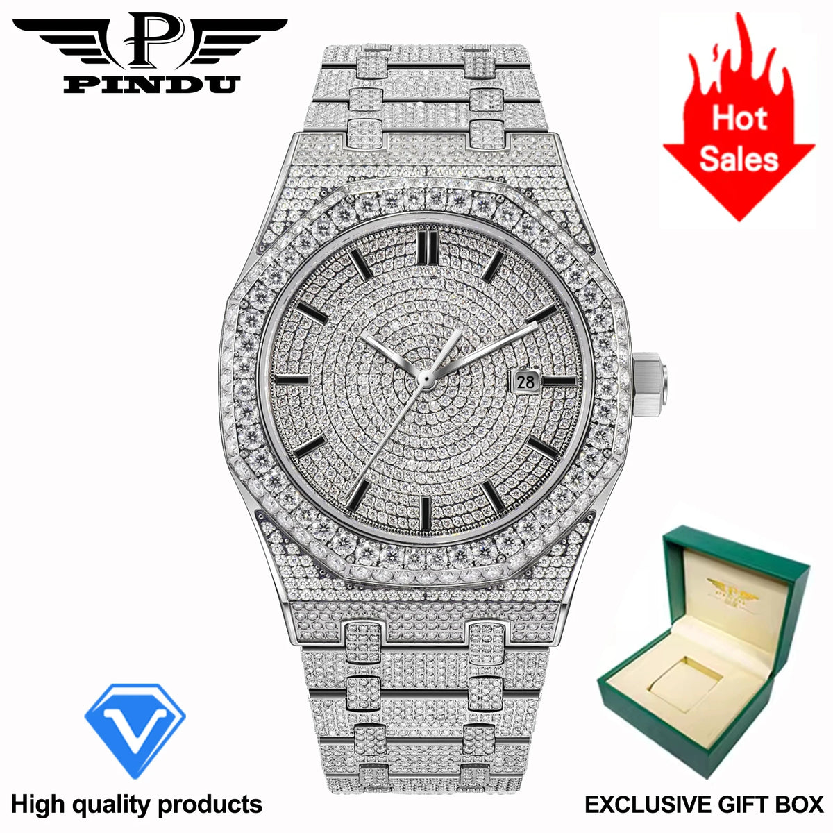 PINDU Design NEW Mozambique Diamond Mechanical Watch Men 8215 Movement Sapphire Stainless Steel Waterproof Fully Automatic Watch