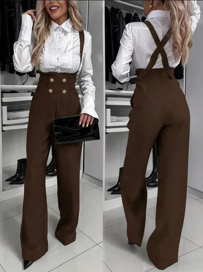 Women Brown High Waist Cross Back Suspender Flare Pants Double Breasted Button Wide Leg Overalls Business Casual Trousers