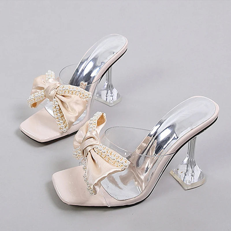 Liyke 2026 New Style Pink Women Slippers Sandals Fashion Pearl Bowknot High Heels PVC Transparent Shoes Summer Mule Slides Pumps