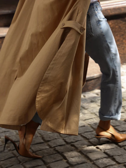 Women's Autumn Long Trench Coat Stand Collar Button Batwing Sleeves Side Slit Oversized Jacket Chic High Street Windproof Outfit