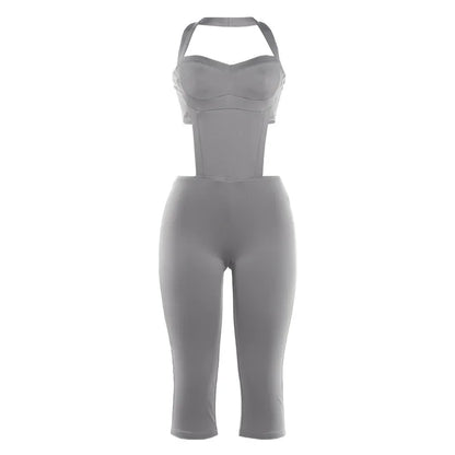 Women Fashion Sexy Hollow Out Halter Backless Skinny Knee Length Jumpsuits Solid Strapless Booty Lifting Slim cASUAL oVERALLS