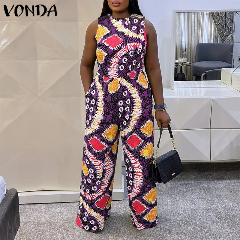 Women Jumpsuits Vintage Printed Sleeveless Overalls 2025 VONDA Summer Beach Wide Leg Playsuits Casual OL Work Long Jumpsuits