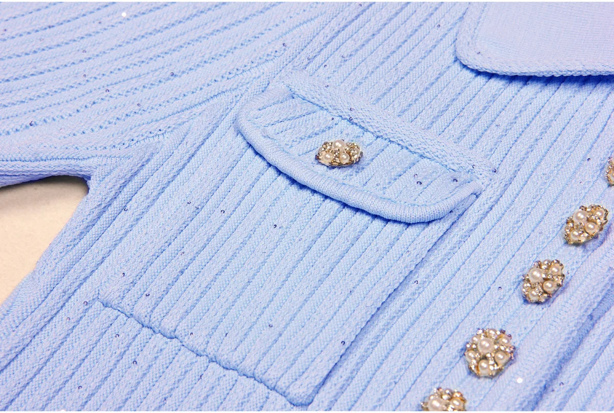 ZJYT Runway 2025 Women's Fashion Summer Knitted Sweater Dress Designer Turn-Down Collar Mini Party Dress Blue White Vestidos
