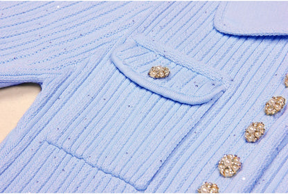 ZJYT Runway 2025 Women's Fashion Summer Knitted Sweater Dress Designer Turn-Down Collar Mini Party Dress Blue White Vestidos