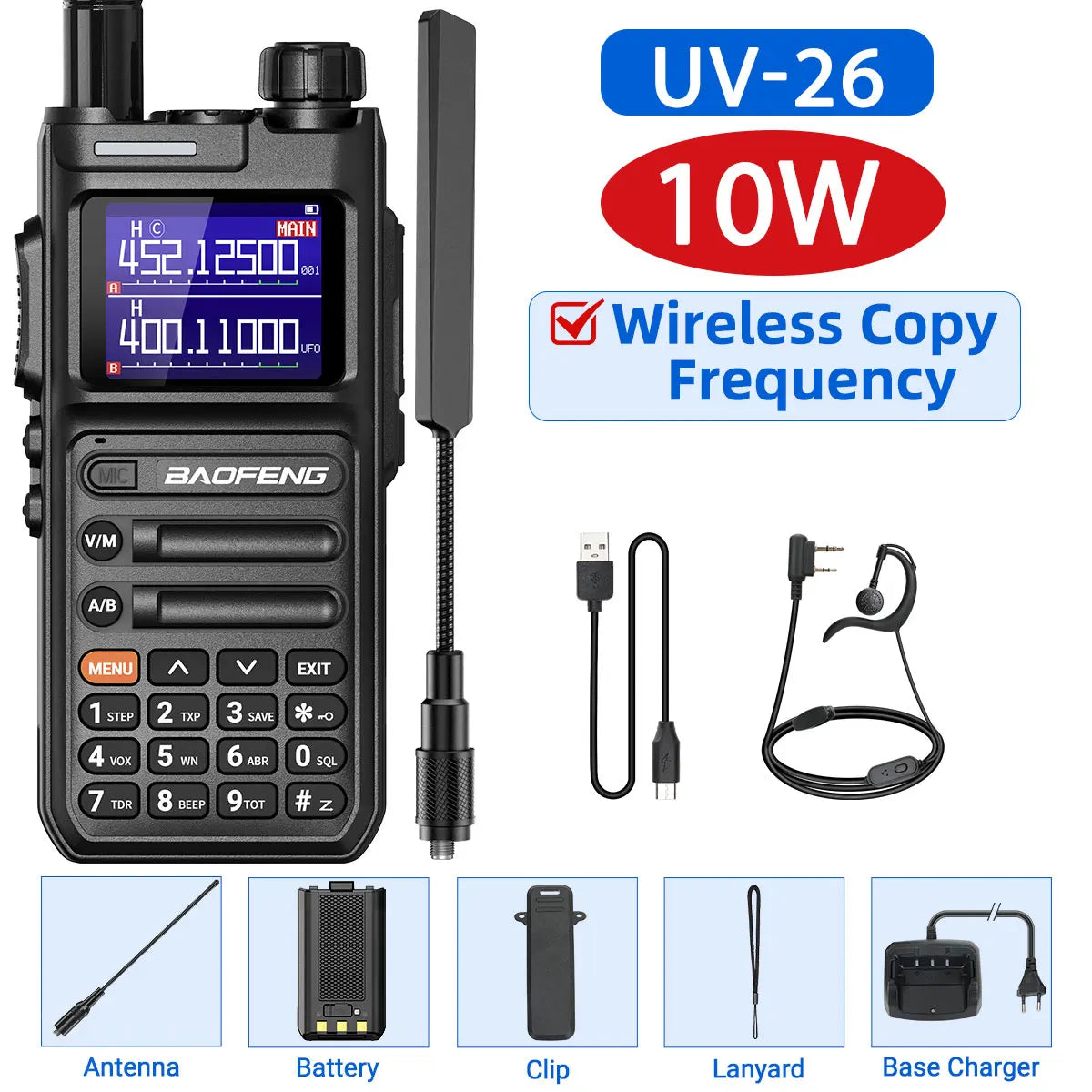 Baofeng UV-26 Walkie Talkie 10W Multi Band Wireless Copy Frequency High Power 999 Channels NOAA with Type-C Charger Ham Radio