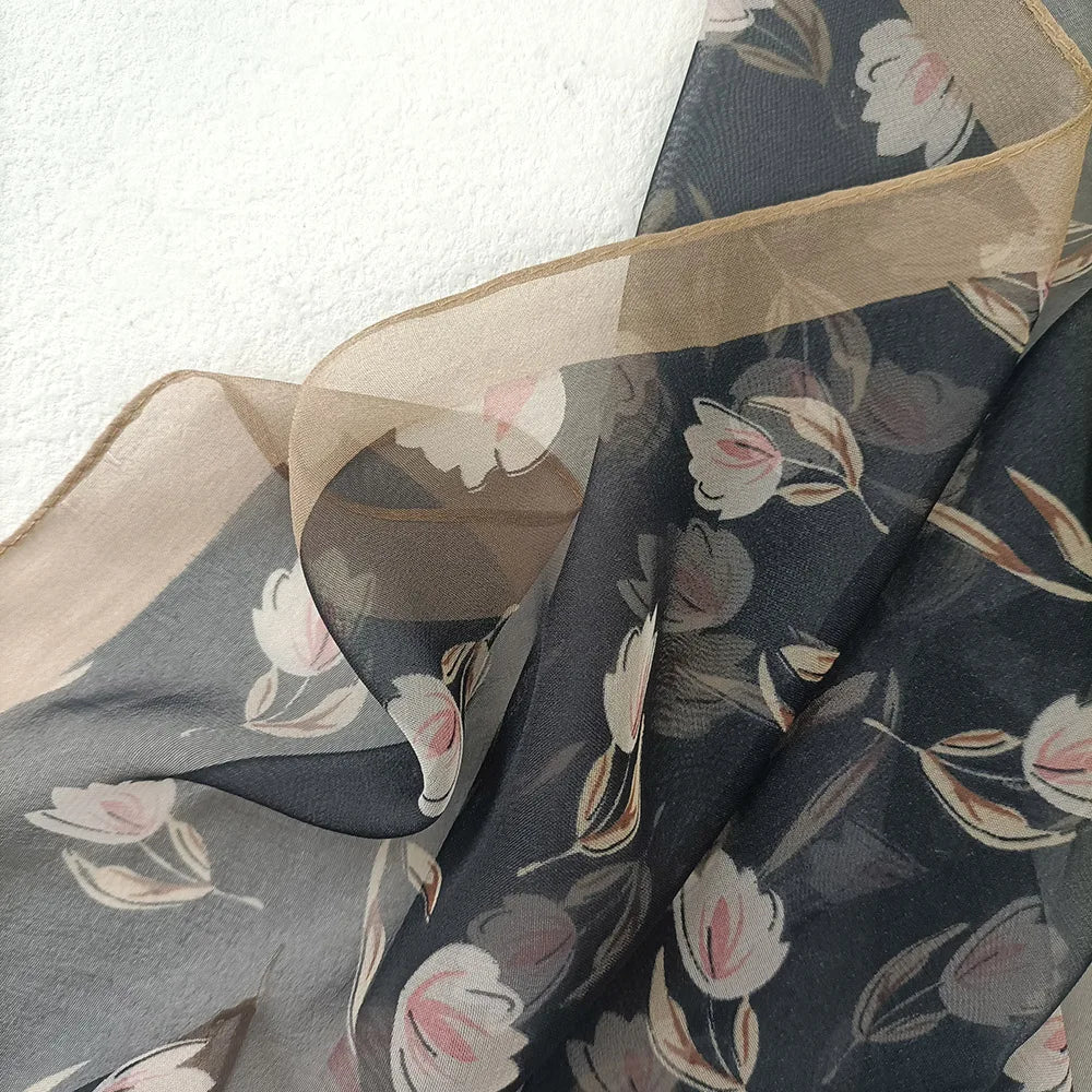Magnolia Flower Print Women Elegant Chiffon Georgette Bandana Scarf Summer Beach Sunscreen Thin Hijab Headband Shawl