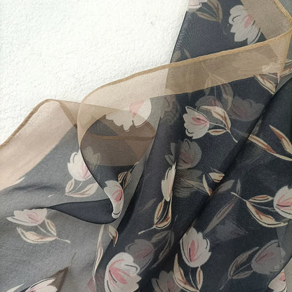Magnolia Flower Print Women Elegant Chiffon Georgette Bandana Scarf Summer Beach Sunscreen Thin Hijab Headband Shawl