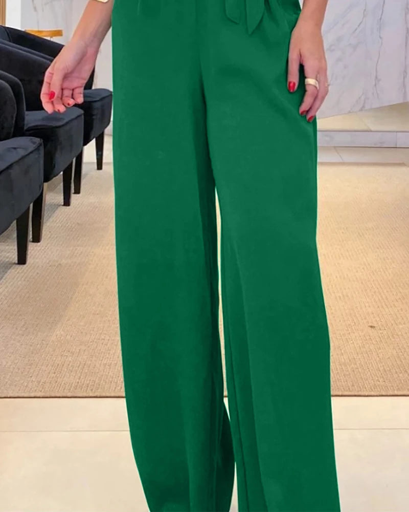 V-neck Half Sleeve Tied Waist Wide Leg Jumpsuits Elegant Lady Workwear