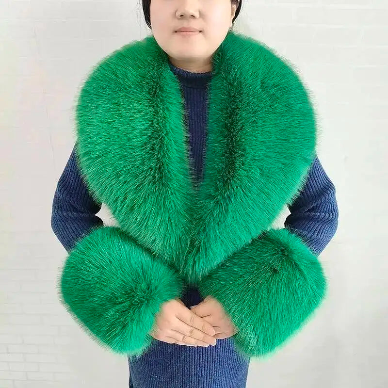 Large Women Faux Fox Fur Scarf Winter Jackets Warm Fluffy Shawl Fashion Artificial Fur Collar And Cuff Set Fluffy Scarves Female