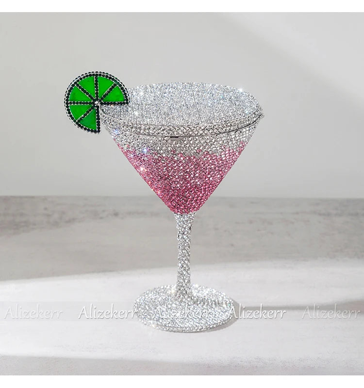 Alizekerr Cocktail Glass Shaped Rhinestone Evening Bags Luxury Designer Gorgeous Crystal Metal Purses And Handbags Wedding Party