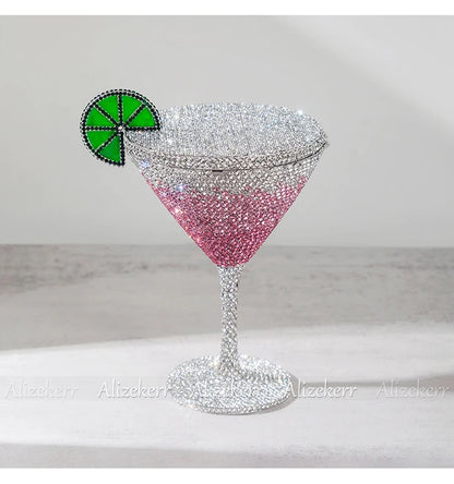 Alizekerr Cocktail Glass Shaped Rhinestone Evening Bags Luxury Designer Gorgeous Crystal Metal Purses And Handbags Wedding Party