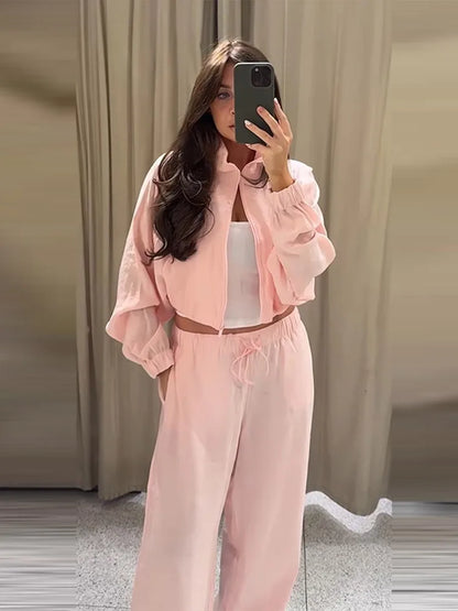 Stand Collar Thin Cropped Coats Pants Suits Women Street Lantern Long Sleeve Zipper Loose Tops Drawstring Wide Leg Trousers Sets
