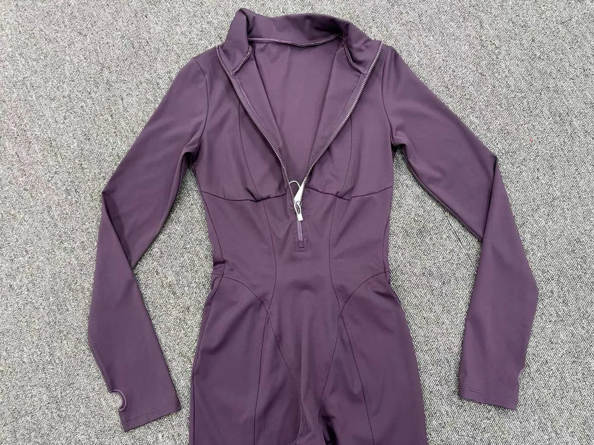 Zipper Jumpsuits for Woman No Padding Sports Overalls for Women Long Sleeve Gym Clothes Woman Activewear 2026 Purple Coffee XL
