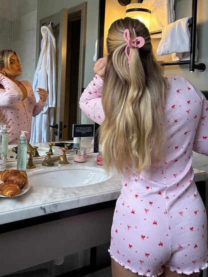 Bow Printed Playsuits For Women Fashion Sexy Cute Long Sleeves O-Neck Sheath Buttons Sleepwear Rompers Female Slim Fit Casual