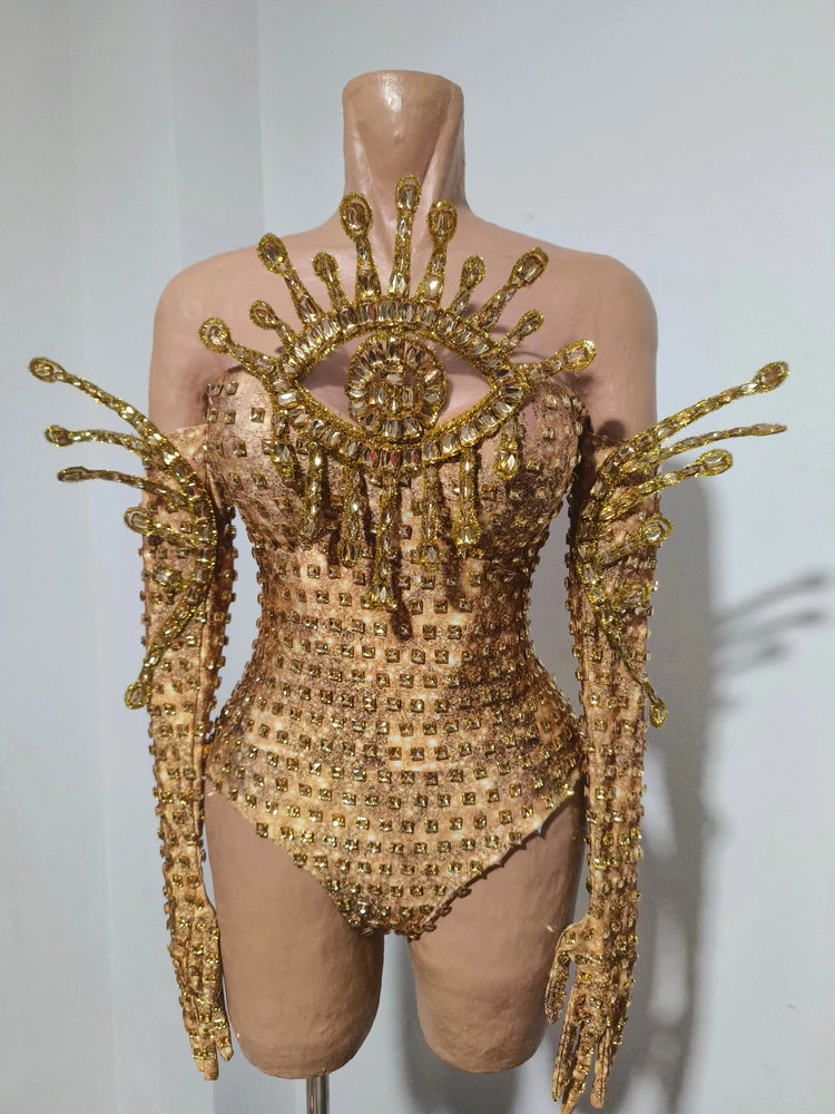 Sexy Sparkly Golden Rhinestones Eyes Stretch Bodysuit Women Eveing Birthday Party Nightclub Bar Singer Dancer DJ Stage Costume