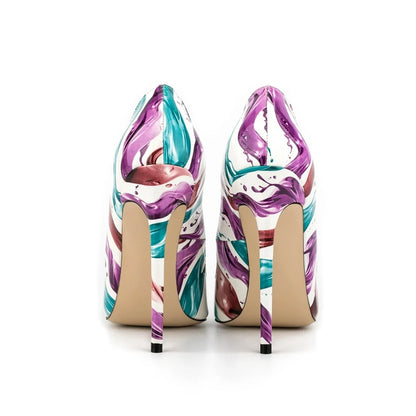 Multicolor Abstract Graffiti Print Pointed Toe Stiletto Pumps, Women Thin Heel Evening Shoes for Wedding, Formal Party and Night