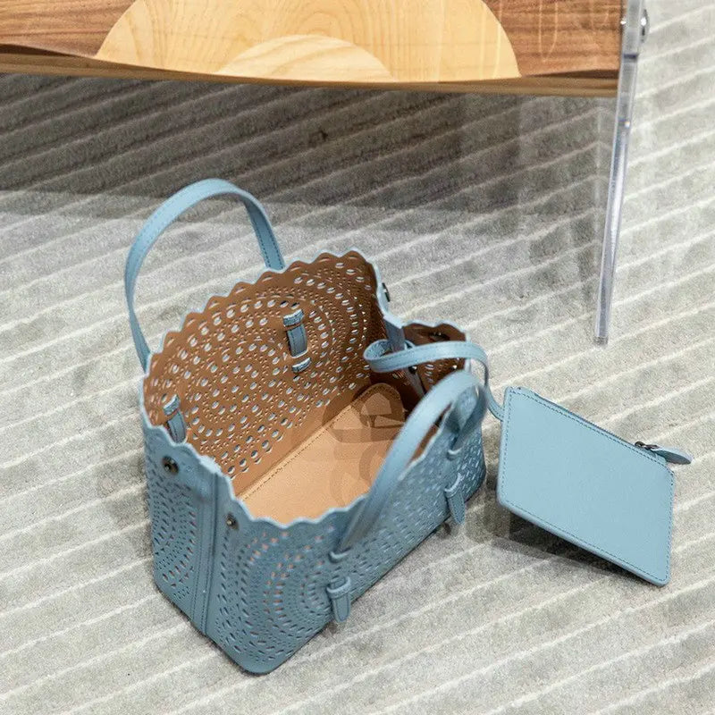 Brand Designer Luxury High Quality Mini Cowhide Shoulder Handbags 2025 Hollow Fashion Large Capacity Genuine Leather Bucket Bag