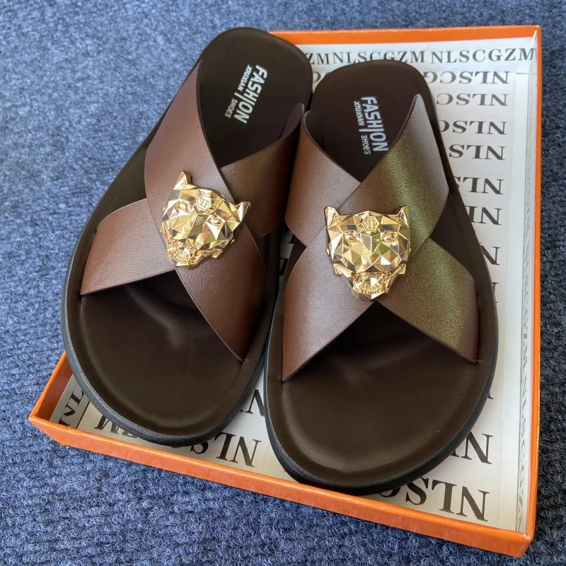 size38-48 original shoes brand summer leather slides for man black brown fashion shoes for mens slippers business beach slippers