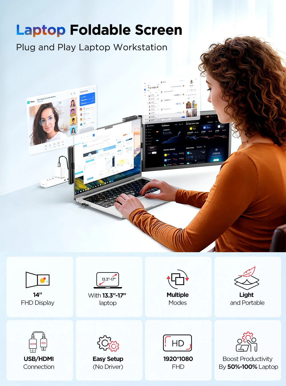 UPERFECT Laptop Screen Extender 14" FHD 1080P IPS Laptop Monitor Extender Dual Screen Portable Monitor for Laptops 13-17"
