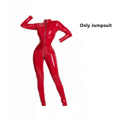 Latex Catsuit Women Wet Look Shiny PU Faux Leather Jumpsuits Suit Long Sleeve Zip Open Crotch Bodysuit Clubwear Plus Size S-5XL