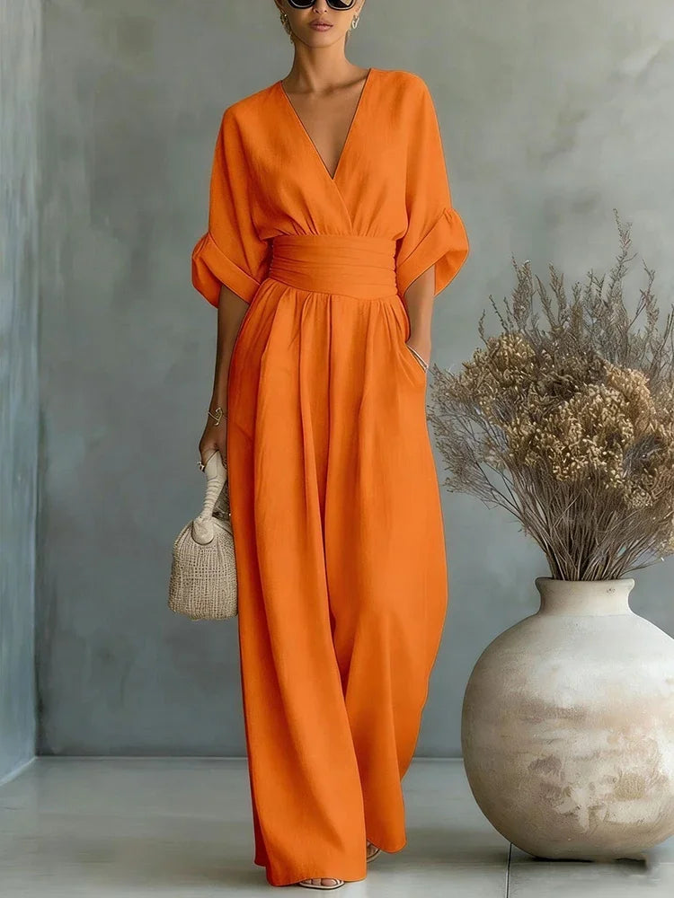 Women Elegant Linen V Neck Short Sleeve Jumpsuit Waist Cinched Wide Leg Long Pants Rompers with Pockets Casual Ladies Overalls