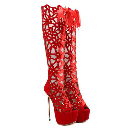 16CM Ultra Thin High Heels Sexy Nightclub Hollow Out Over The Knee Boots Women Peep Toe Lace-Up Zip Platform Shoes Sandals