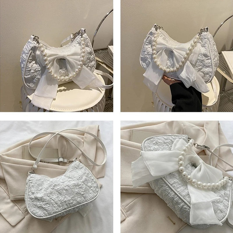 White Folds Pearl Female Bag Retro Luxury Designer Handbag Bow Crossbody Bags Fashion Y2K Vintage Women's Shoulder Bag Purses
