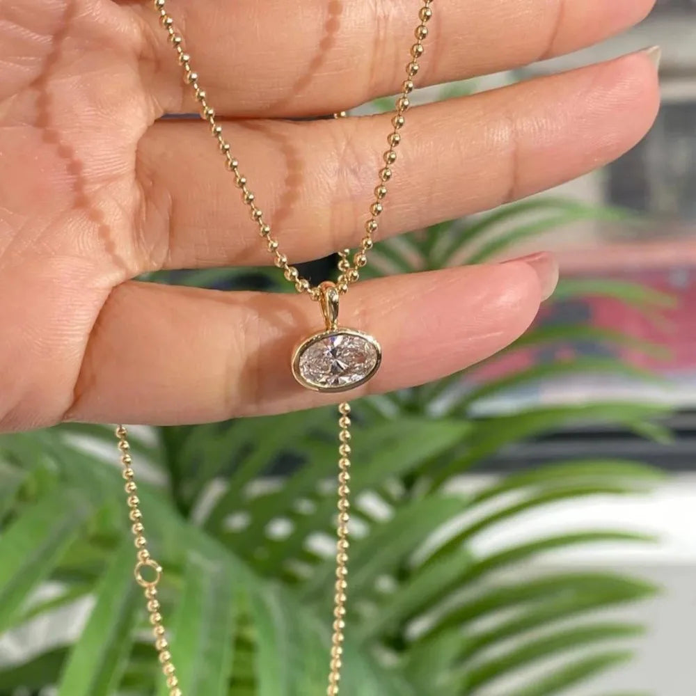 East West Oval Cut Moissanite Pendant Necklace for Women S925 Silver 2-4carat Solitaire Diamond Ball Chain with Gra Certificate