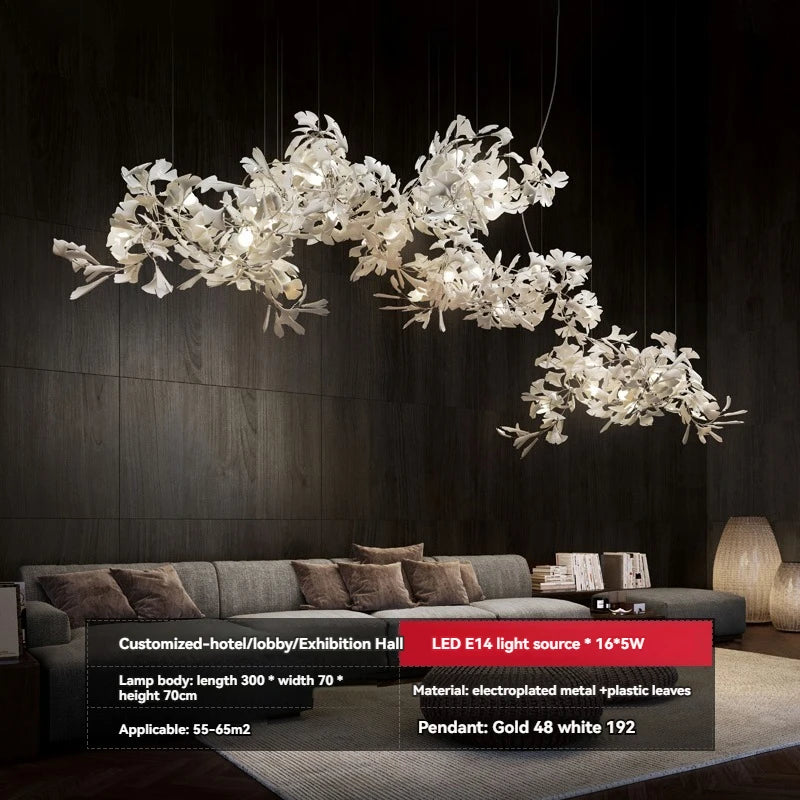 Ginkgo Leaves Loft Hanging Chandelier Light For High Ceiling Staircase Living Dining Room Modern White Porcelain Leaf Chandelier