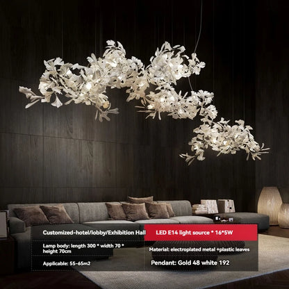 Ginkgo Leaves Loft Hanging Chandelier Light For High Ceiling Staircase Living Dining Room Modern White Porcelain Leaf Chandelier