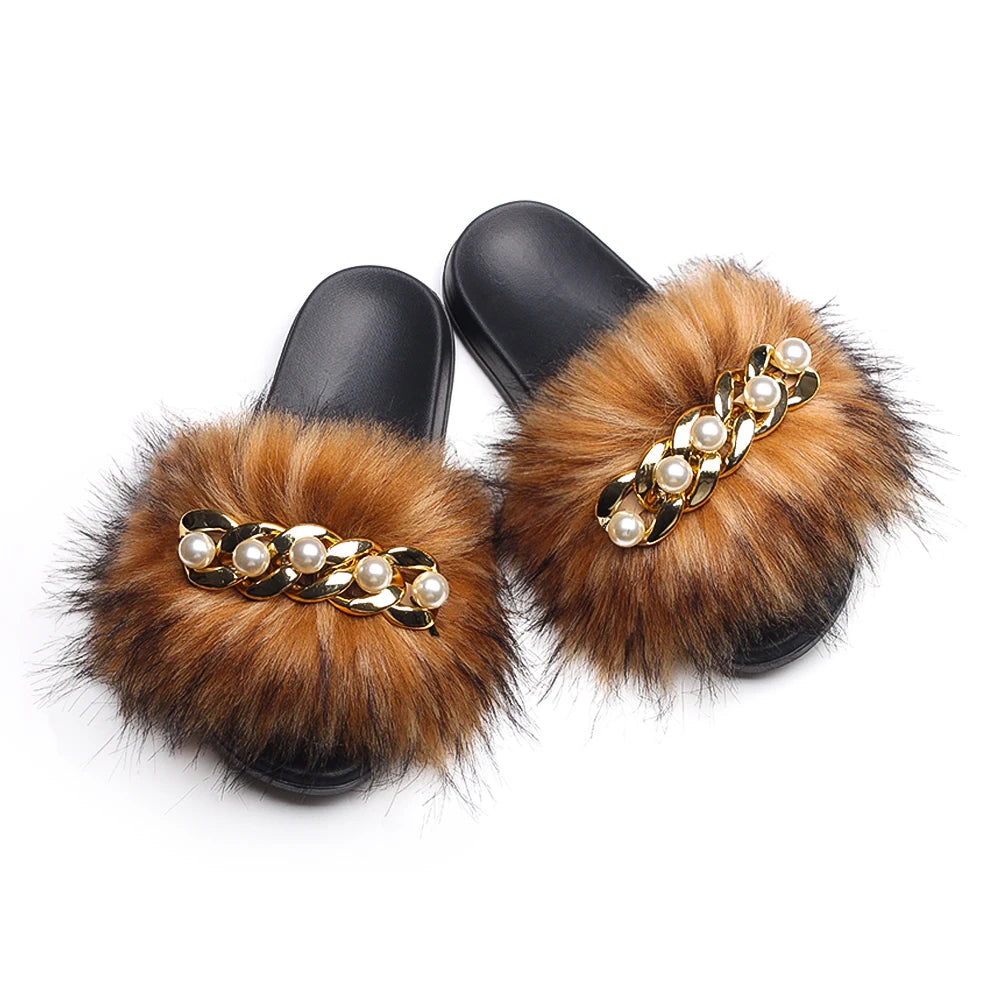 Fluffy Slippers Women Flip Flops Luxury Pearl Chain Faux Fur Slides Flat House Slippers Beach Summer Sandals Ladies Casual Shoes