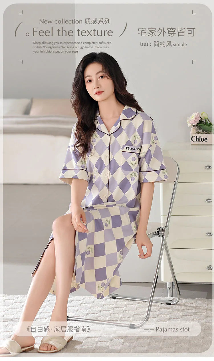 Newest M-5XL Women Short Sleeve Nightdress With Chest Pad Female Knited Cotton Nightwear Sleepdress