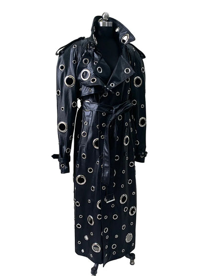 Nerazzurri Autumn Oversized Extra Long Pu Leather Trench Coat for Women Holes Hollow Out Luxury Designer Emo Streetwear Overcoat
