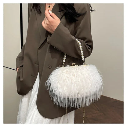 Beading Chain Women's Evening Plush Handbags Faux Fur Tassel Ladies Shoulder Bag Elegant Female Crossbody Bags Party Furry Purse