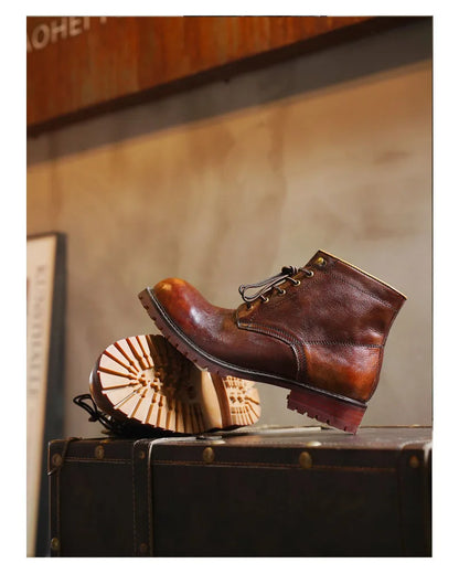 Fashion Men's Genuine Leather Motorcycle Boots British Brogue Shoes High-top Round Toe Mid-calf Chelsea Western Riding Boots
